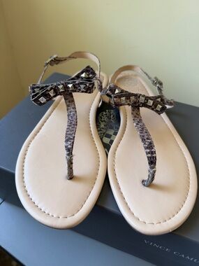 Vince Camuto Studded Bow T-Strap Sandals in Snake Print